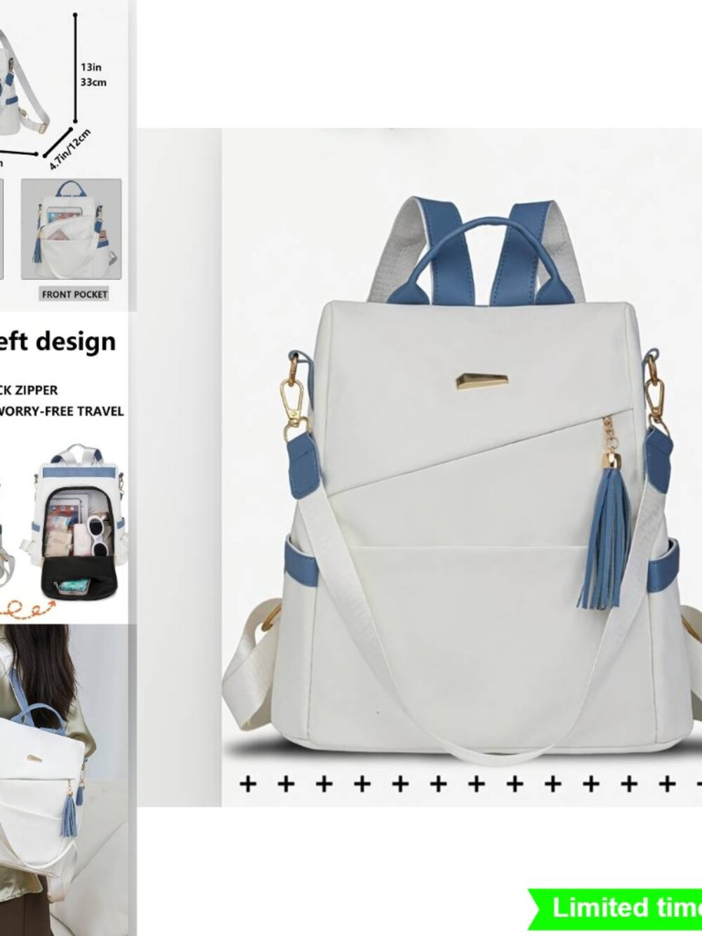 Convertible Backpack Handbag Nylon Tassel Adjustable Straps